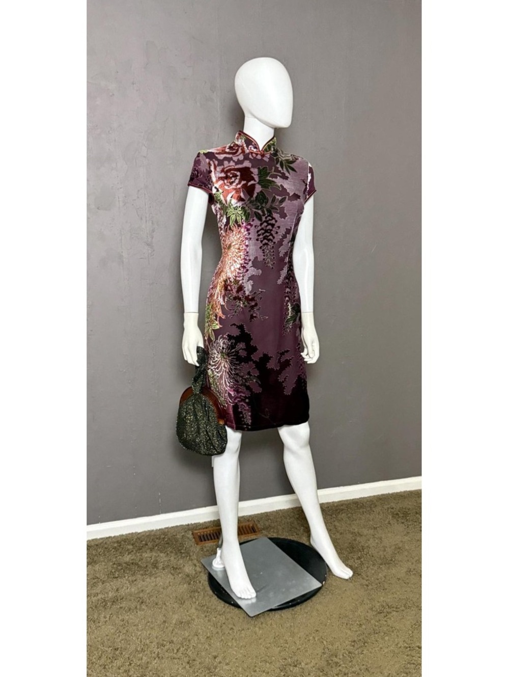 Y2K Velvet Burnout Silk Cheongsam Plum Sage + Rust Dress size M